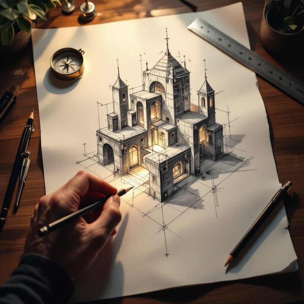 Hand Sketching Glowing Structure on Desk