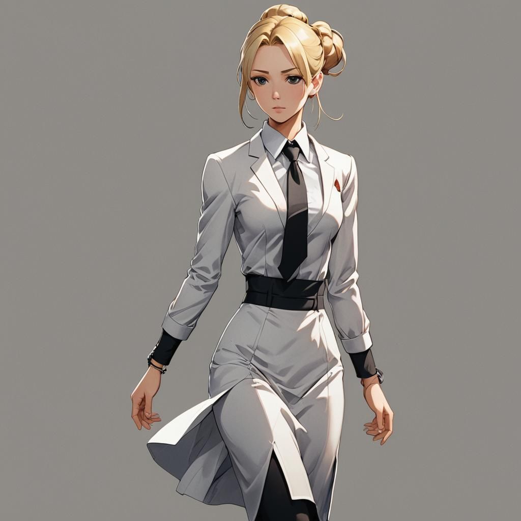 Woman in Black Suit: Anime-Style Cel-Shaded Art
