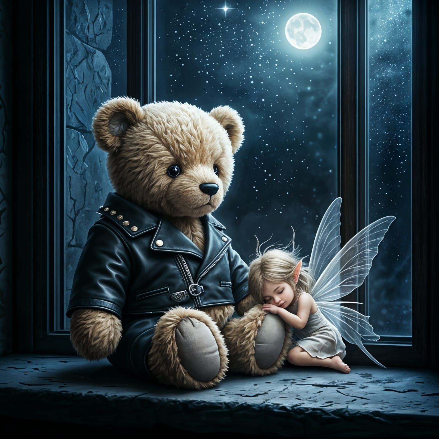 Gothic Teddy Bear and Sleeping Fairy, Digital Art