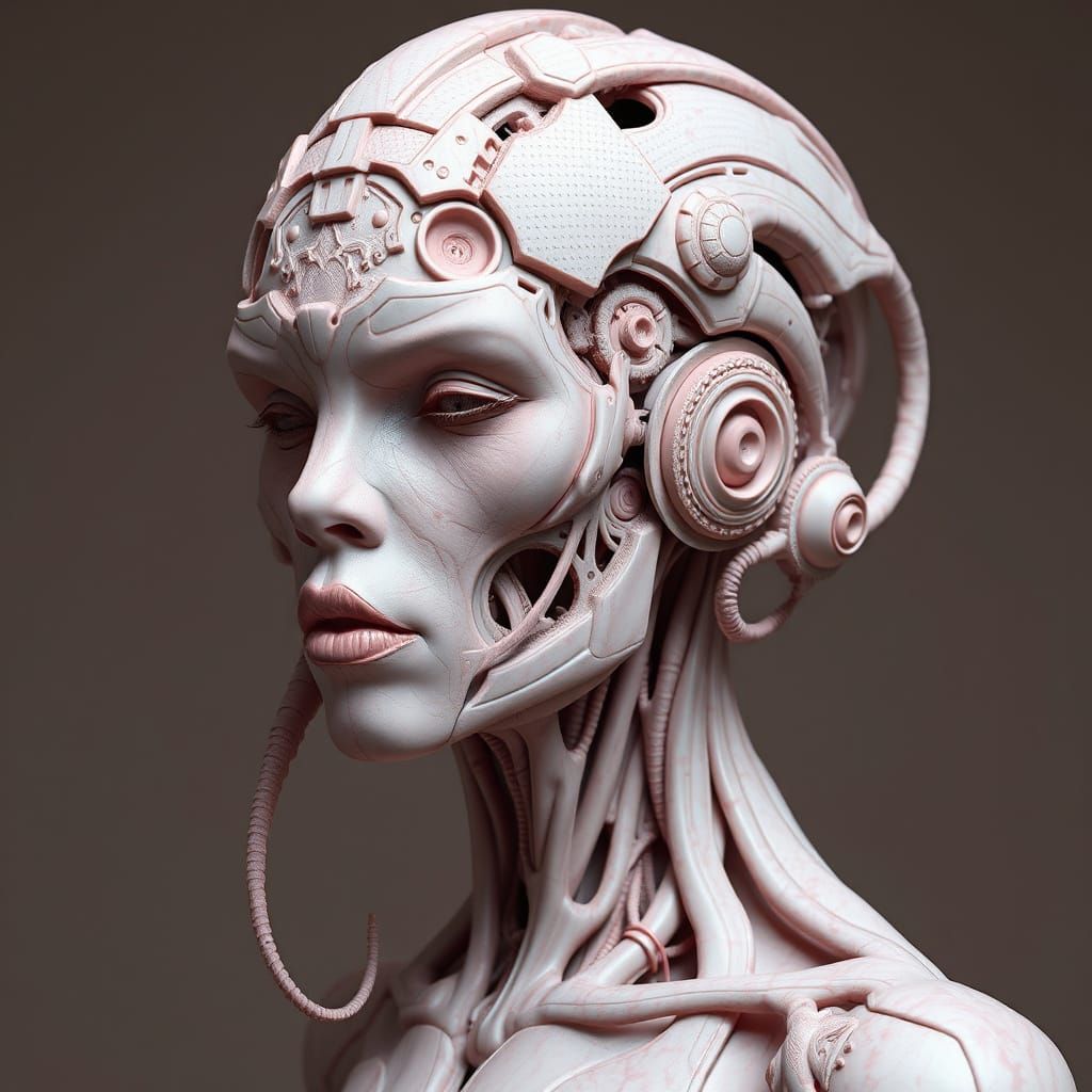 Dreamlike Biomechanical Goddess in Soft Pastel Pink