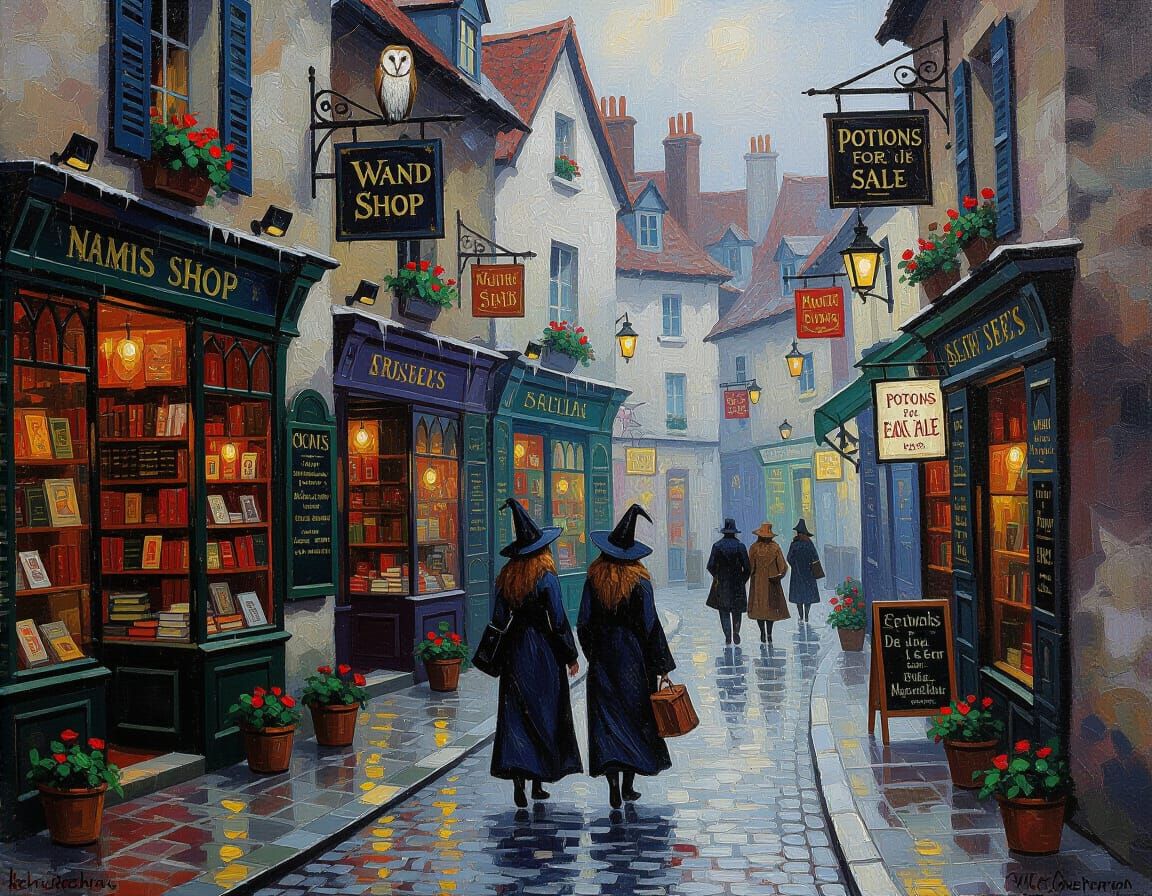 Magical Alleyway Scene in Impressionistic Style