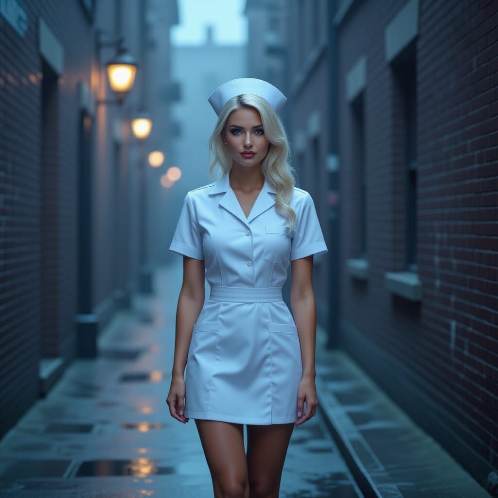 Noir Nurse in Foggy Alleyway