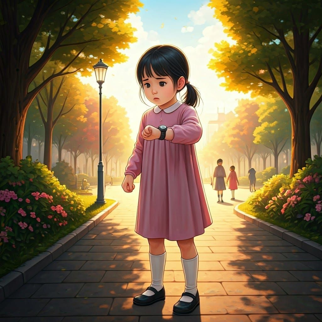 Young Girl's Worried Moment in a Vibrant Park