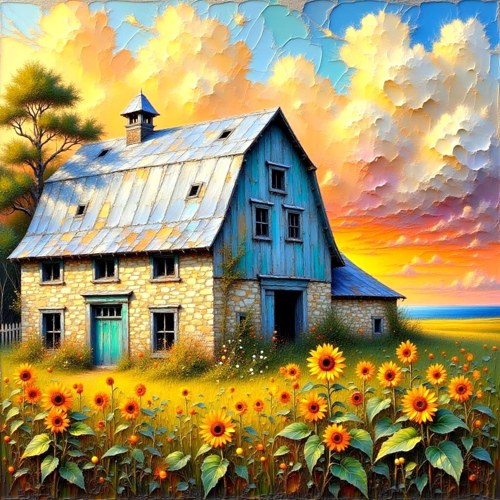 Peaceful Countryside Scene in Impasto Oil Painting Style