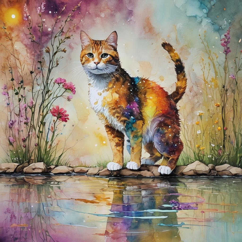 Whimsical Cat by River: Minimalist Alcohol Ink Art