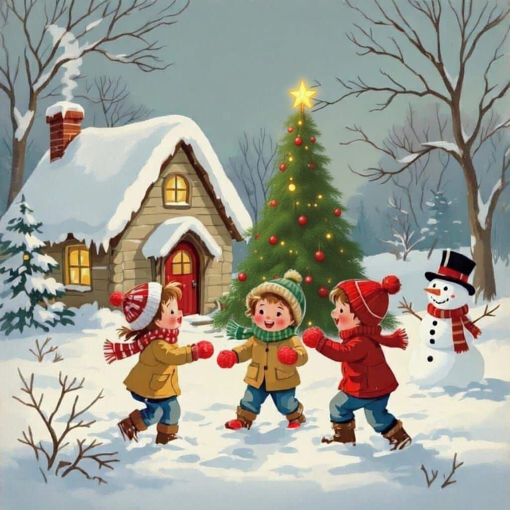 Retro Kids Joyfully Play in Snowy Christmas Wonderland