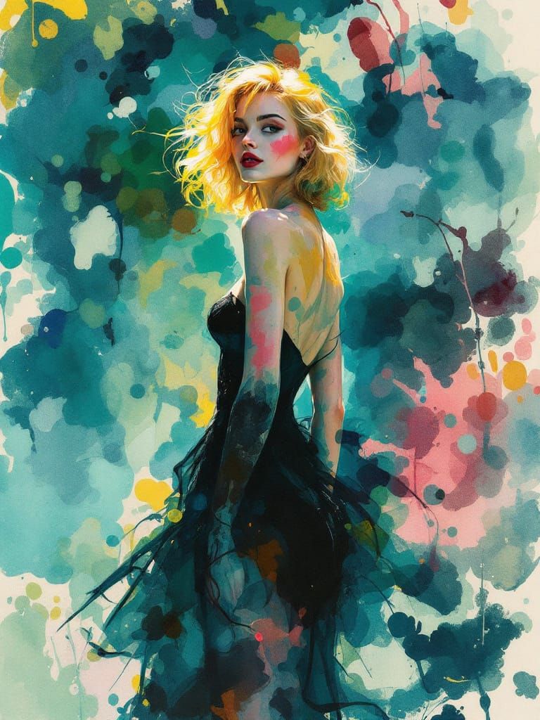 Blonde Pin-Up in Black Dress with Enchanted Nature