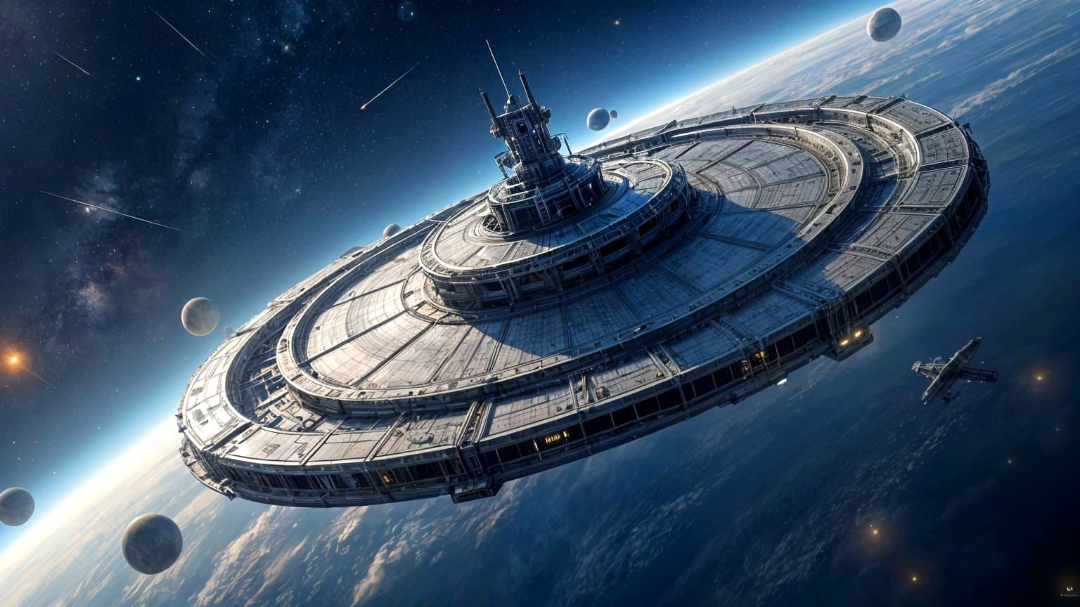 Massive Wheel-Shaped Space Station in Starry Galaxy