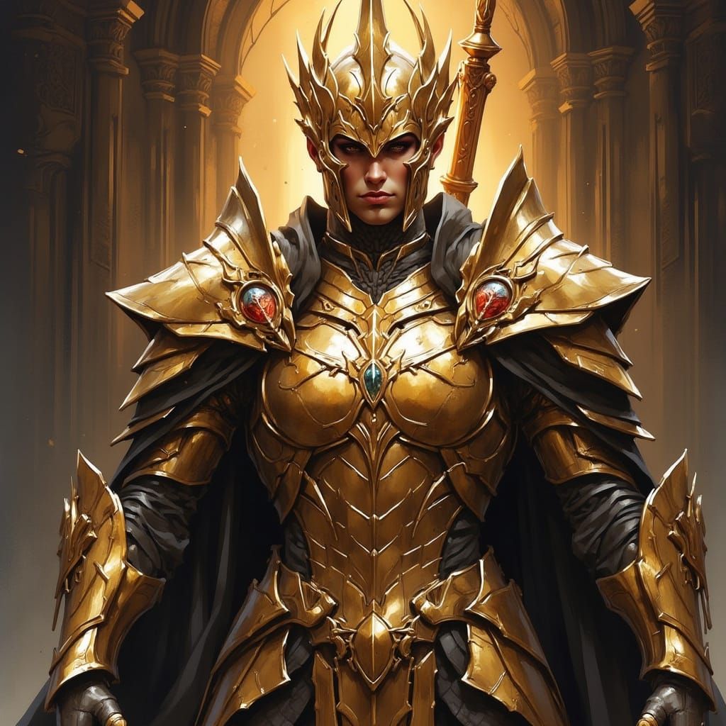 Golden Knight in Ornate Armor, Dystopian Realism Style