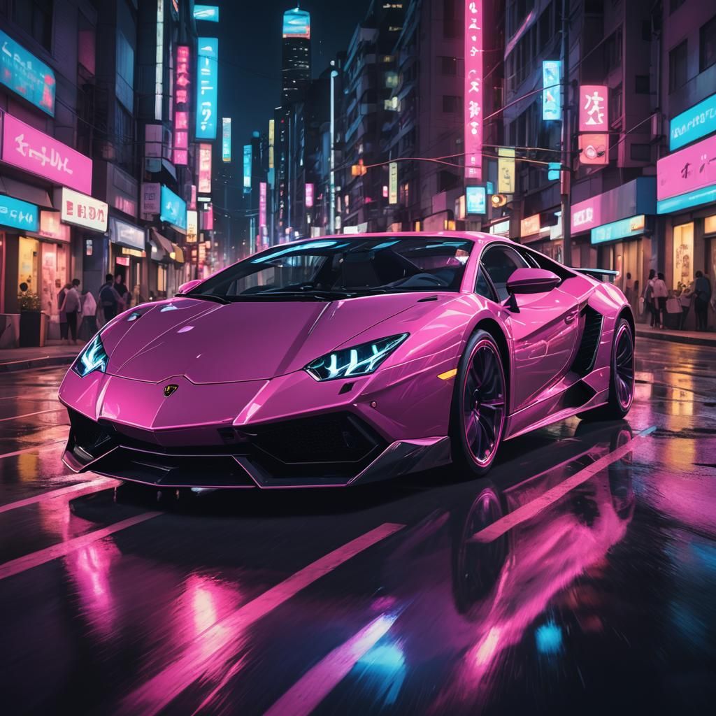 Pink Lamborghini Races Through Neon City in Anime Style