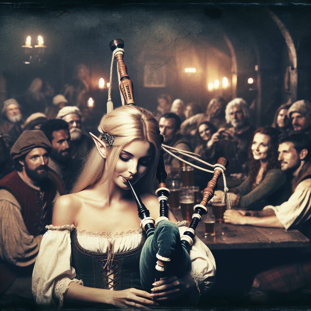 Elf Musician Entertains Medieval Bar Patrons