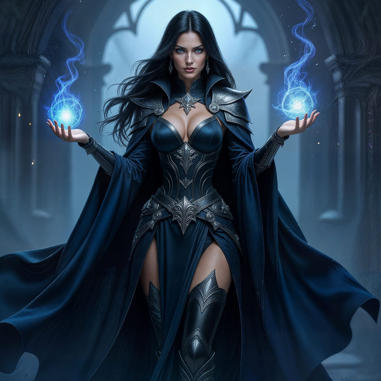 Powerful Witch in Hybrid Armor and Robes with Magic Scepter