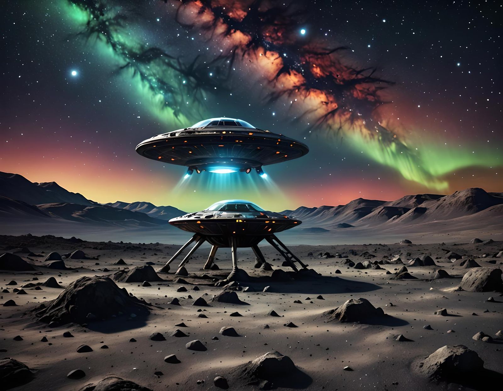 Miniature Alien UFO on Moon with Starry Sky