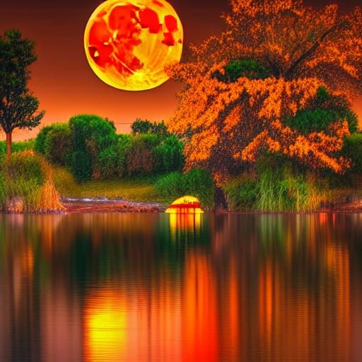 Glowing Orange Tree in Ruined City at Sunset