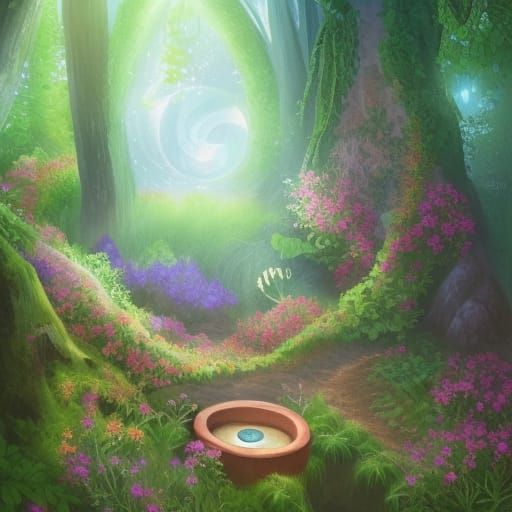 ⁠beautiful toilet in the forest, surrounded by flowers, vine...