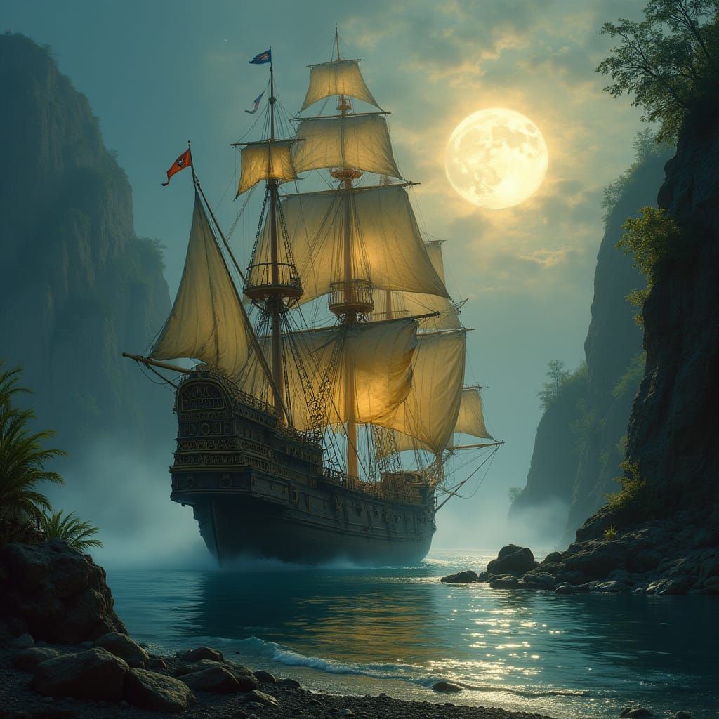 Majestic 17th-Century Pirate Galleon Anchored in Moonlit Har...