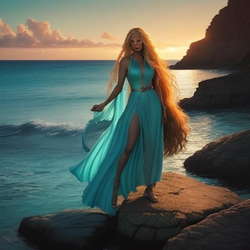 Mammy Water Combing Her Hair on Rocky Shore