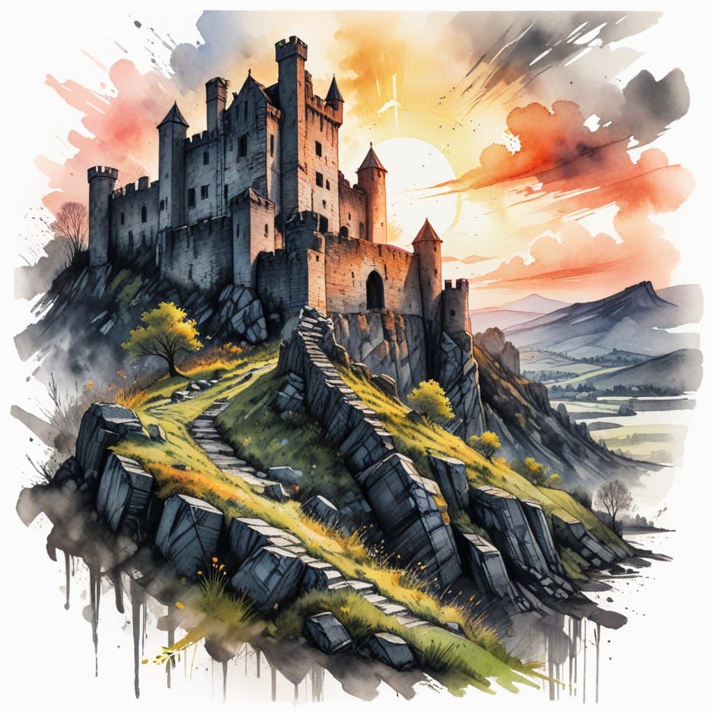 Castle Ruin at Sunrise: Charcoal and Watercolour Art
