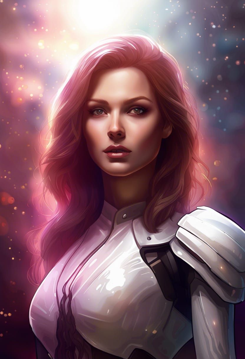 Auburn-Haired Woman in Galaxy, Hyperrealistic Portrait
