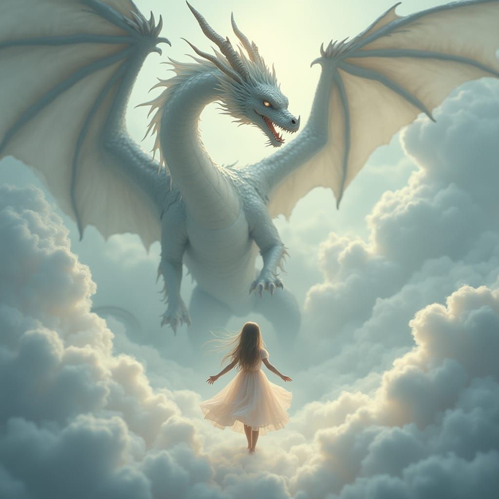 Girl Commands Wind with Majestic Dragon in Ethereal Clouds