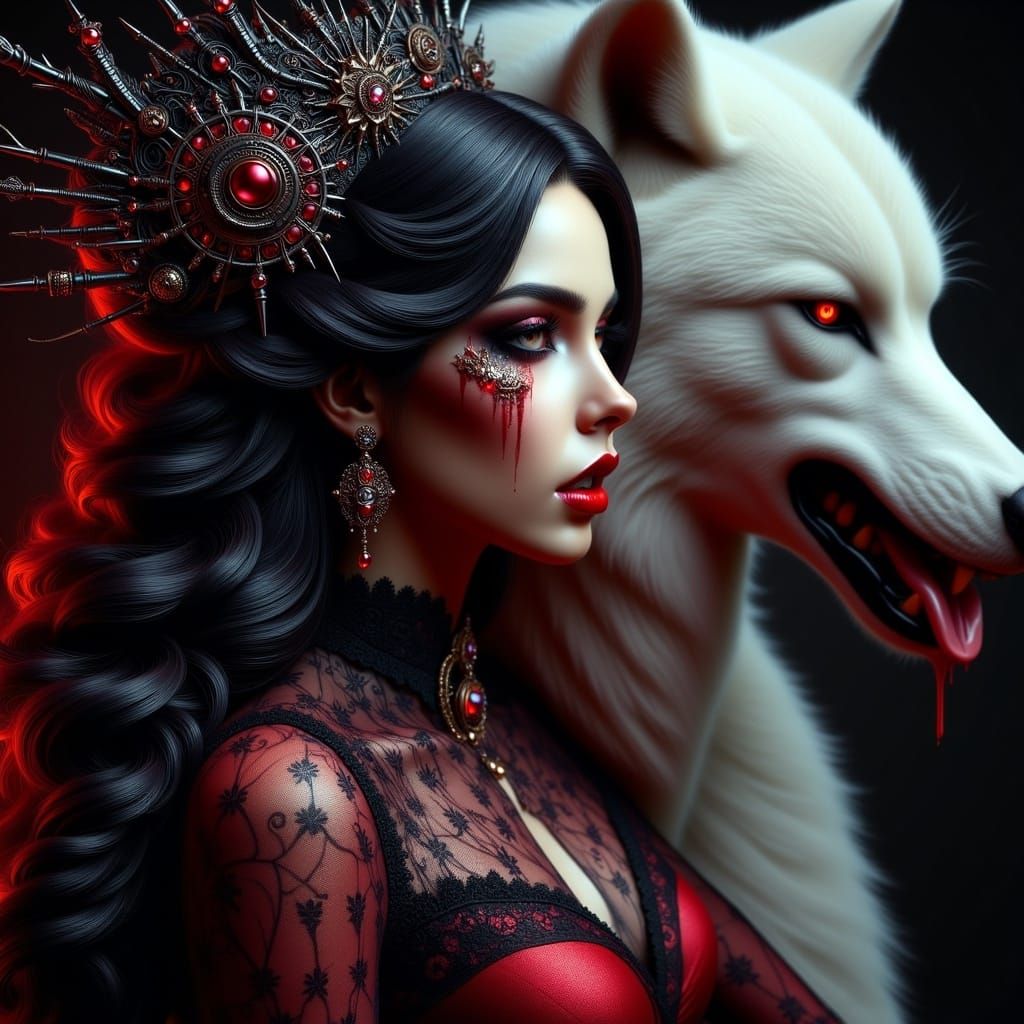 Vampire Woman Morphing into Wolf, Hyperrealistic Portrait