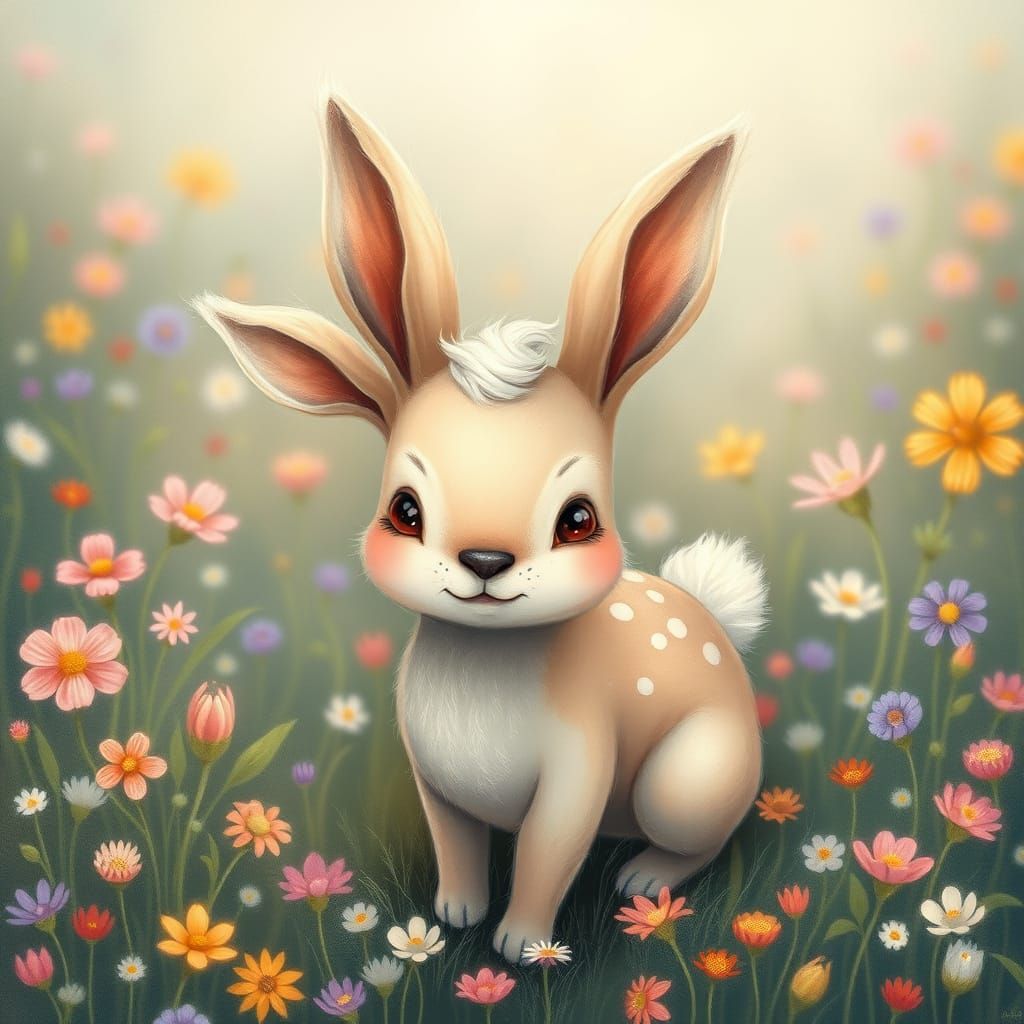 Pastel Rabbit-Deer Creature in Dreamlike Meadow