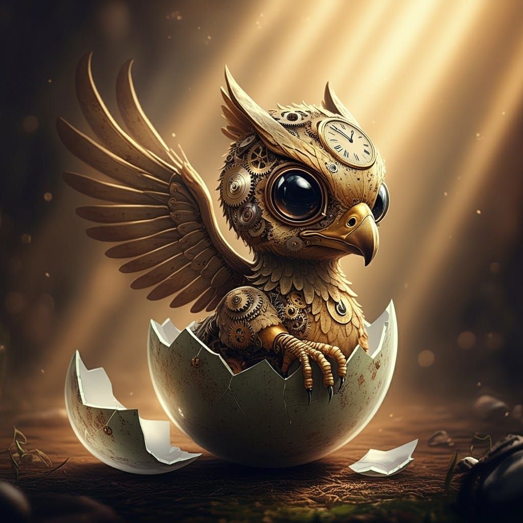 Clockwork Griffin Chick Hatches in Golden Light