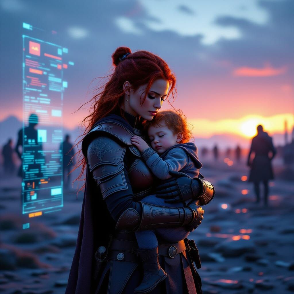 Red-Haired Warrior Protects Child on Glitching Battlefield