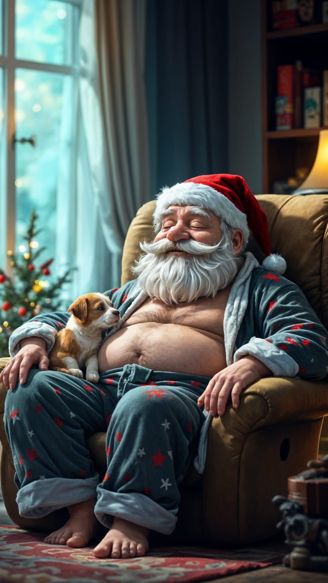 Comical Cartoon of a Relaxed Santa in His Pajamas