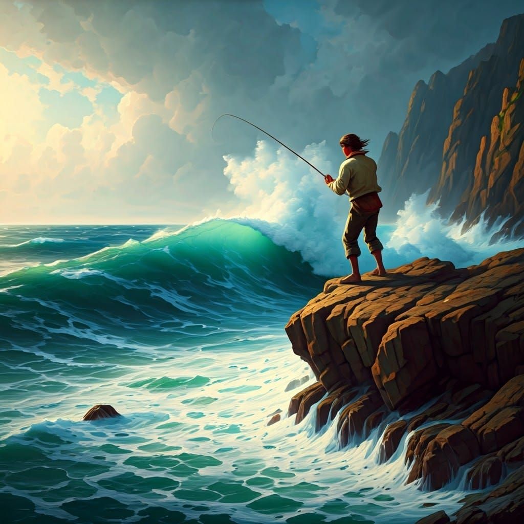 Fisherman at Cliffside: A Dramatic Seascape