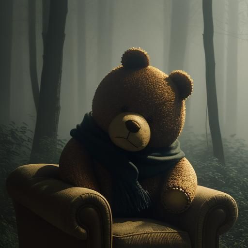 Teddy Bears in Misty Forest: Cinematic Film Still