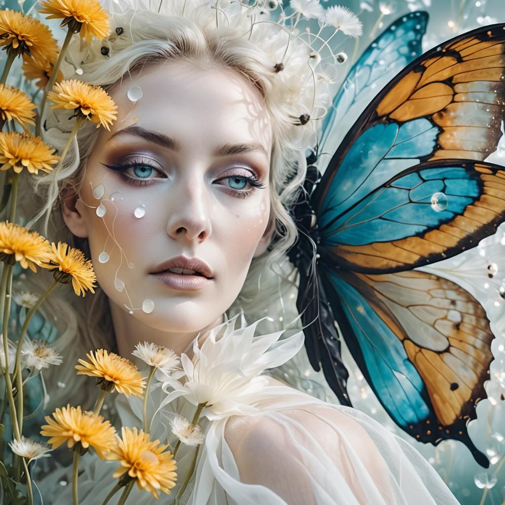 Ethereal Woman in Dandelion Dreamscape, Surreal Portrait