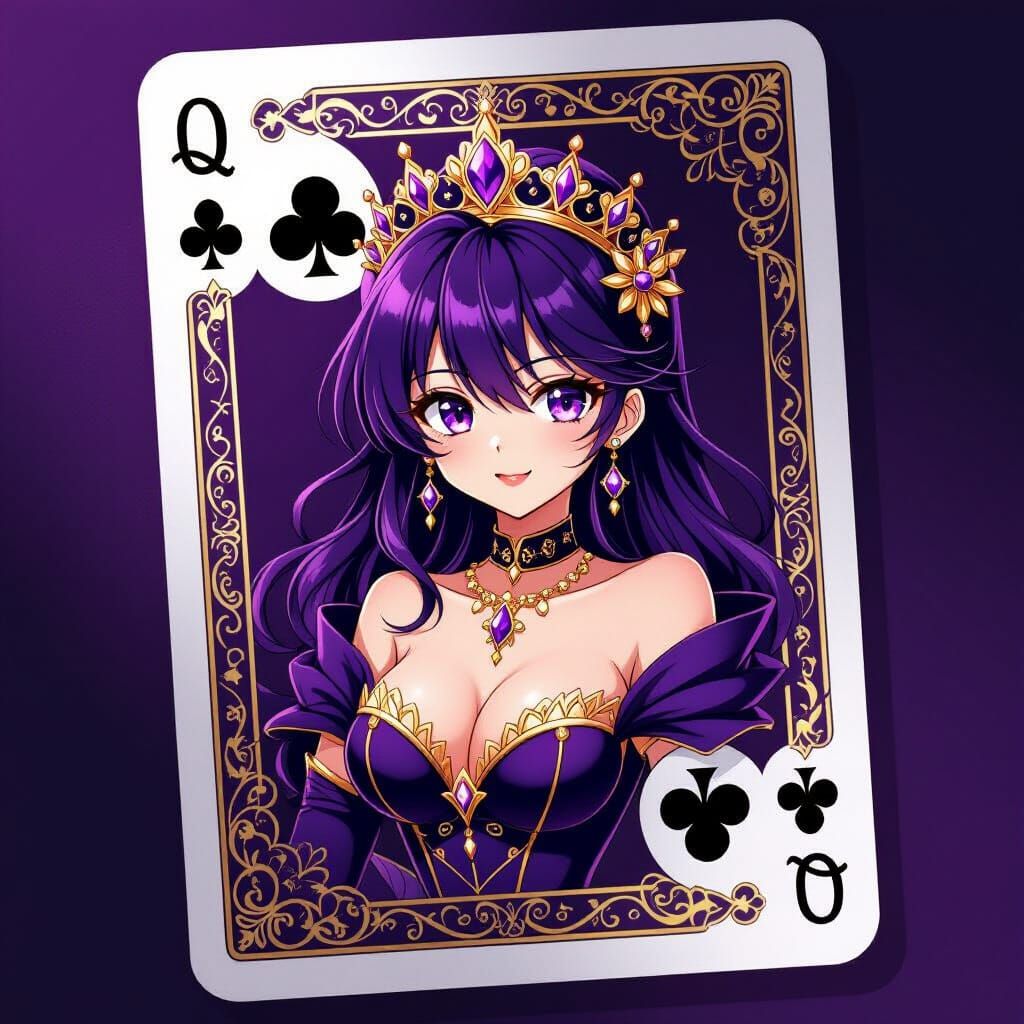 Chibi Anime Queen of Clubs Card with Filigree