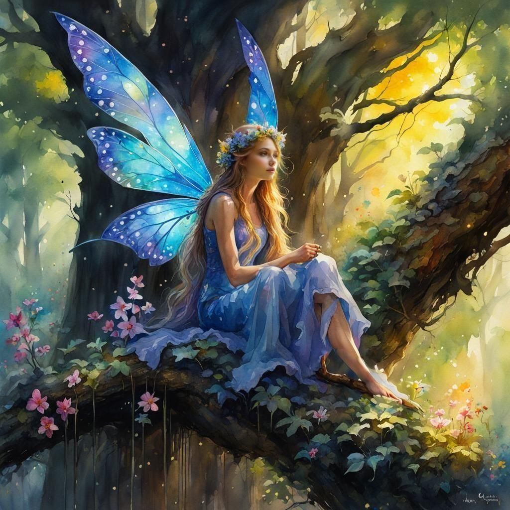 Fantasy Fairy on Branch in Watercolor and Ink