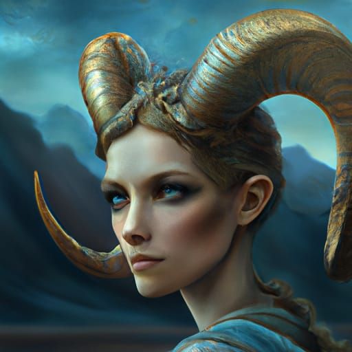 Dramatic Portrait of Aries Woman with Horns