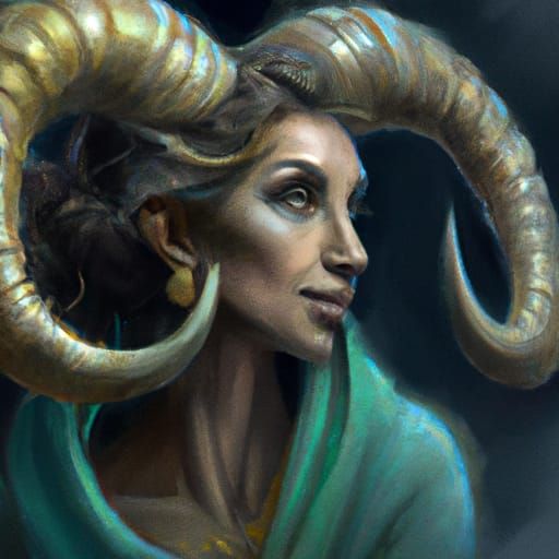 Dramatic Portrait of Horned Woman in Digital Painting