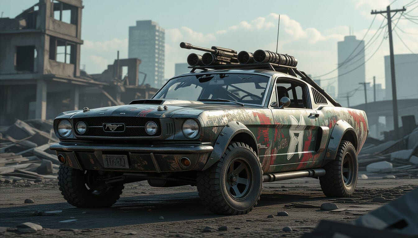 Post-Apocalyptic Mustang Battle Vehicle in Dystopian City