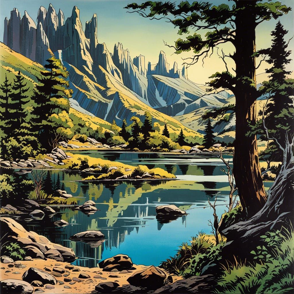 Tranquil Lakes Landscape in Silver Age Comic Style