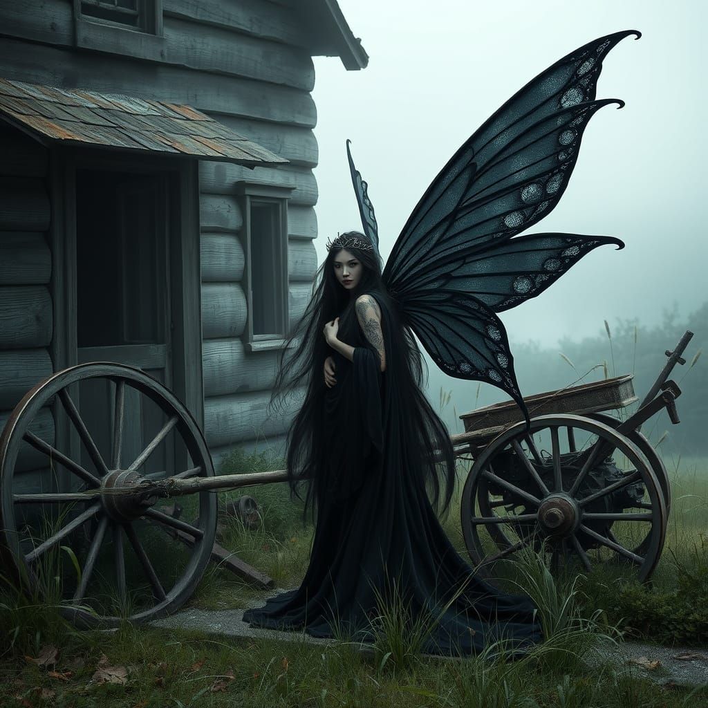 Black Fairy by Crumbling House in Ethereal Style