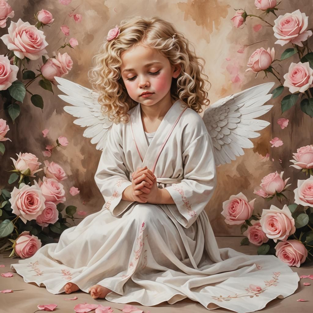 Girl in White Robe Amid Pink Roses