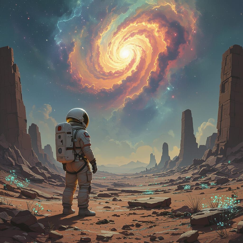 Astronaut on Alien Planet Gazing at Nebula