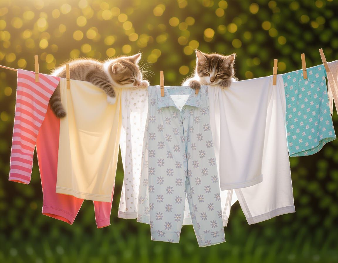 Kitten Napping on Clothesline in Dramatic Bokeh Light