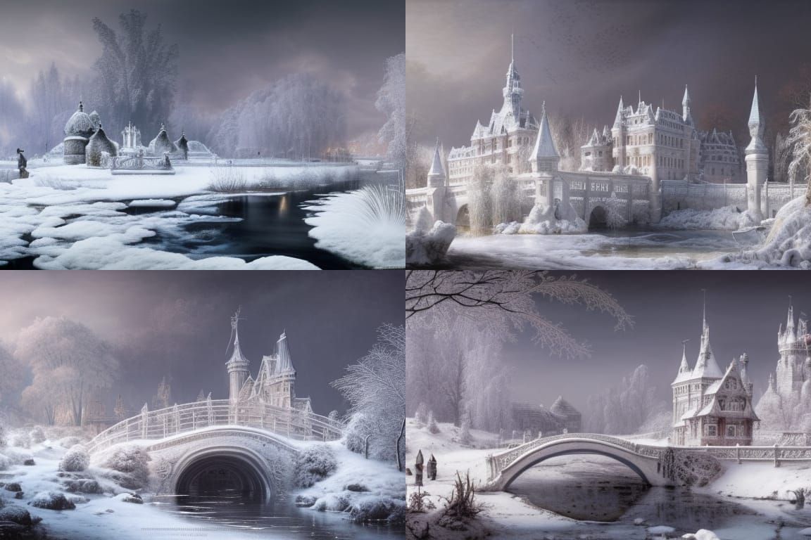 Snowy Castle by Frozen River in Hyperrealistic Style