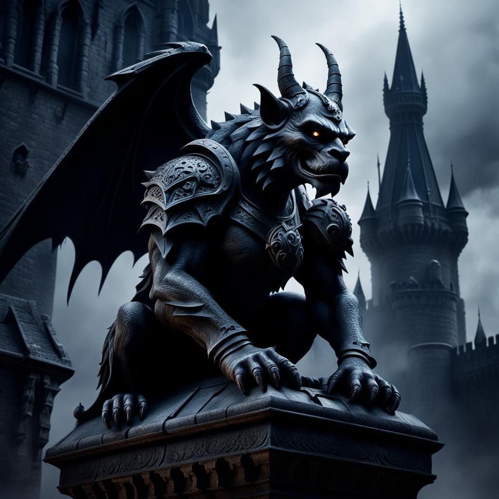 Gothic Gargoyle Statue on Towering Castle