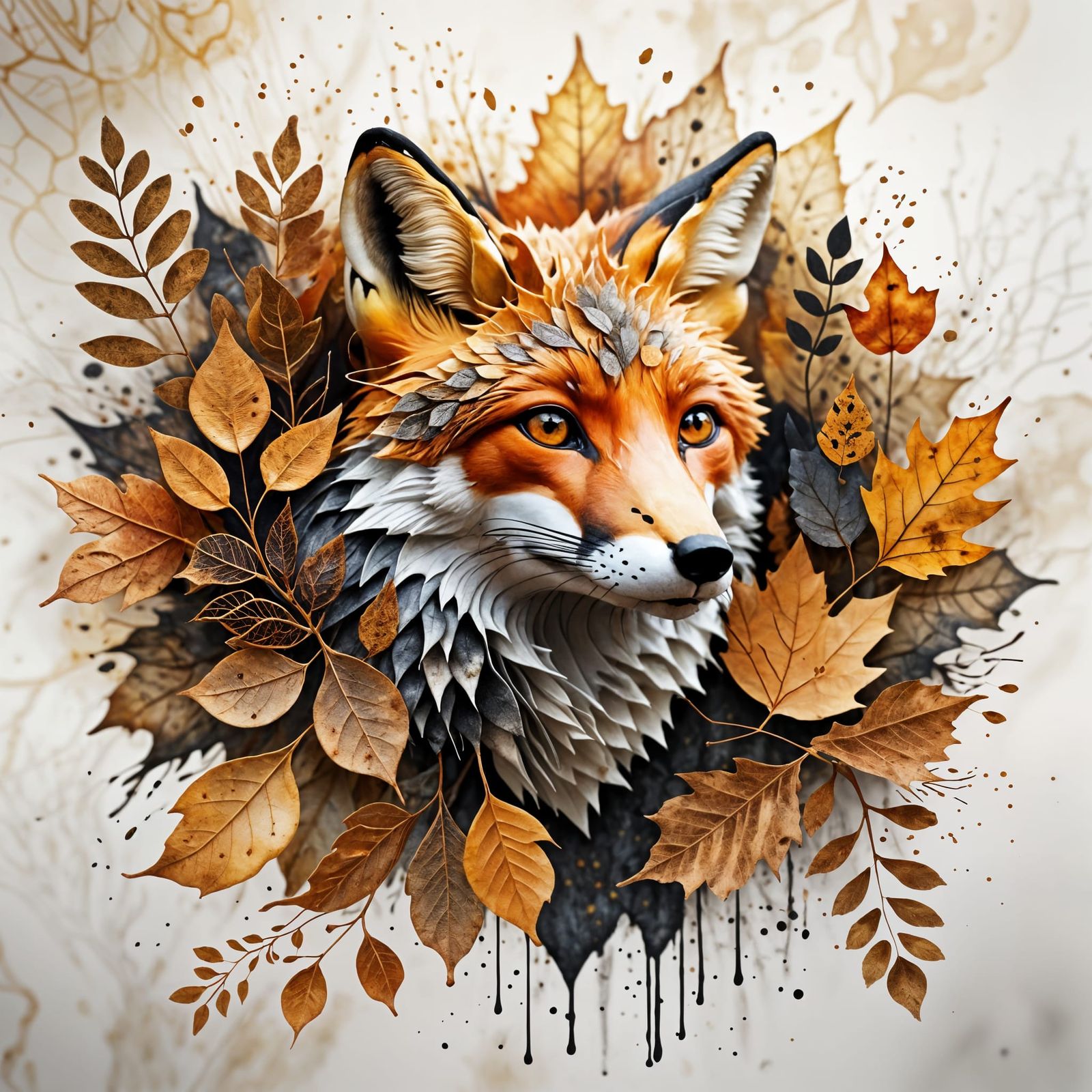 Abstract Fox Portrait with Autumn Leaves