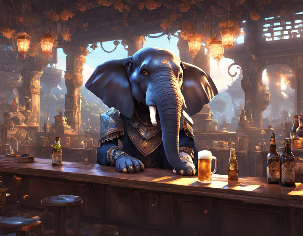 Cyberpunk Elephant Sips Beer in Egyptian Bar