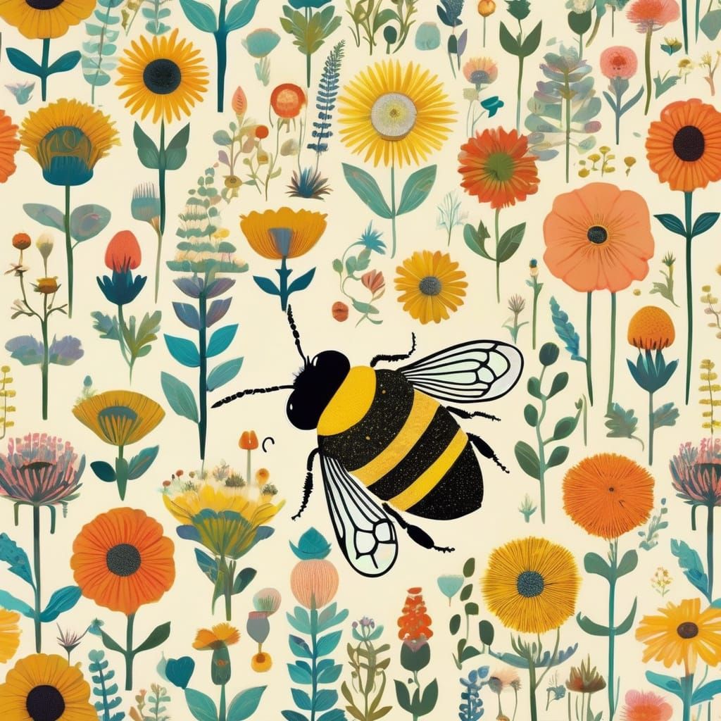 Sleeping Bumble Bee on Flowers in Storybook Style