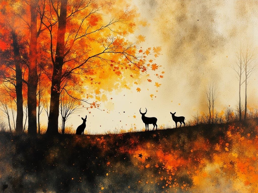 Forest Animal Silhouettes Merged With Autumn Collage