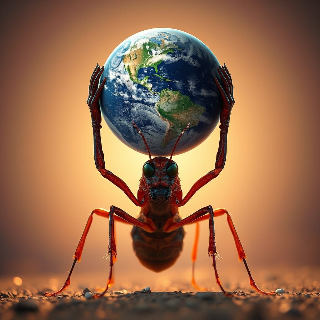Giant Ant Lifting Earth: A Surreal Cosmic Vision