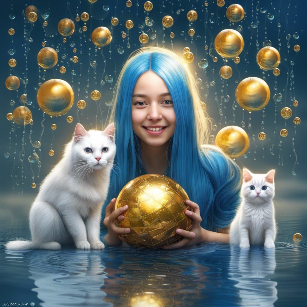 Girl with Blue Hair Holding Golden Globe